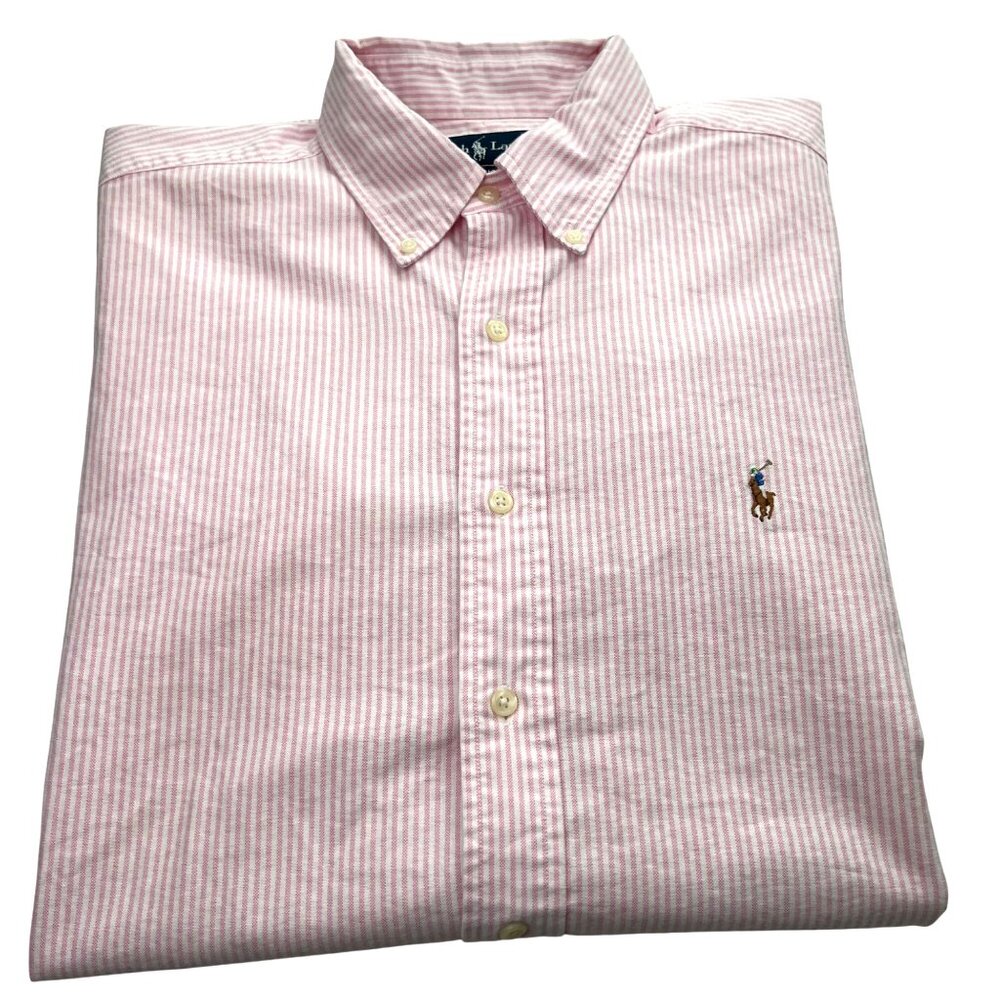 Ralph Lauren Mens Shirt XL Classic Fit Flesh Pony Striped Button Up Short Sleeve
